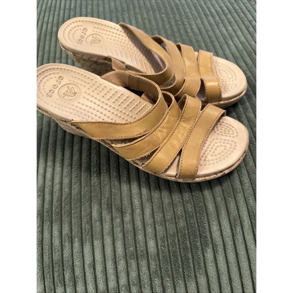 Crocs Aleigh Cork Wedge Sandals Sz 6 Tan  Strappy Boho Y2K